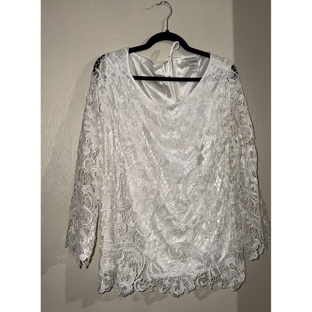 Monroe & Main‎ White Embroidered Lined Long Sleeve Pullover Tunic Size L Bridal